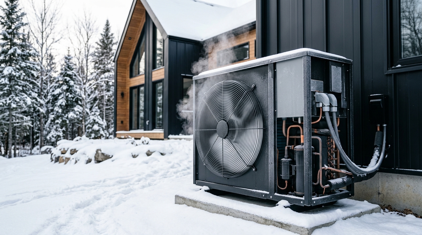 Cold-climate heat pump outdoor compressor operating in snowy winter conditions outside a modern home