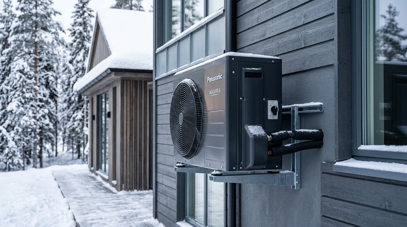 Modern cold-climate heat pump outdoor compressor operating during sub-zero winter snow on contemporary residential exterior