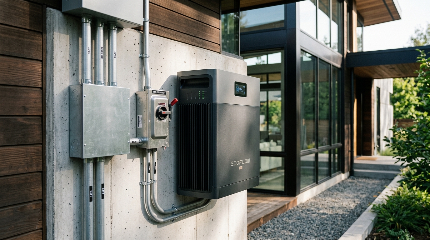 Modern exterior wall-mounted residential lithium iron phosphate home battery storage system with architectural electrical conduit