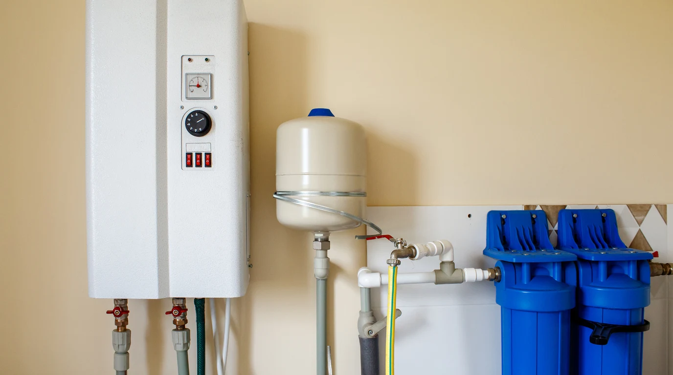 Mechanical Room Hydronic Manifold Piping with Air-to-Water Heat Pump Buffer Tank and Circulator Pumps