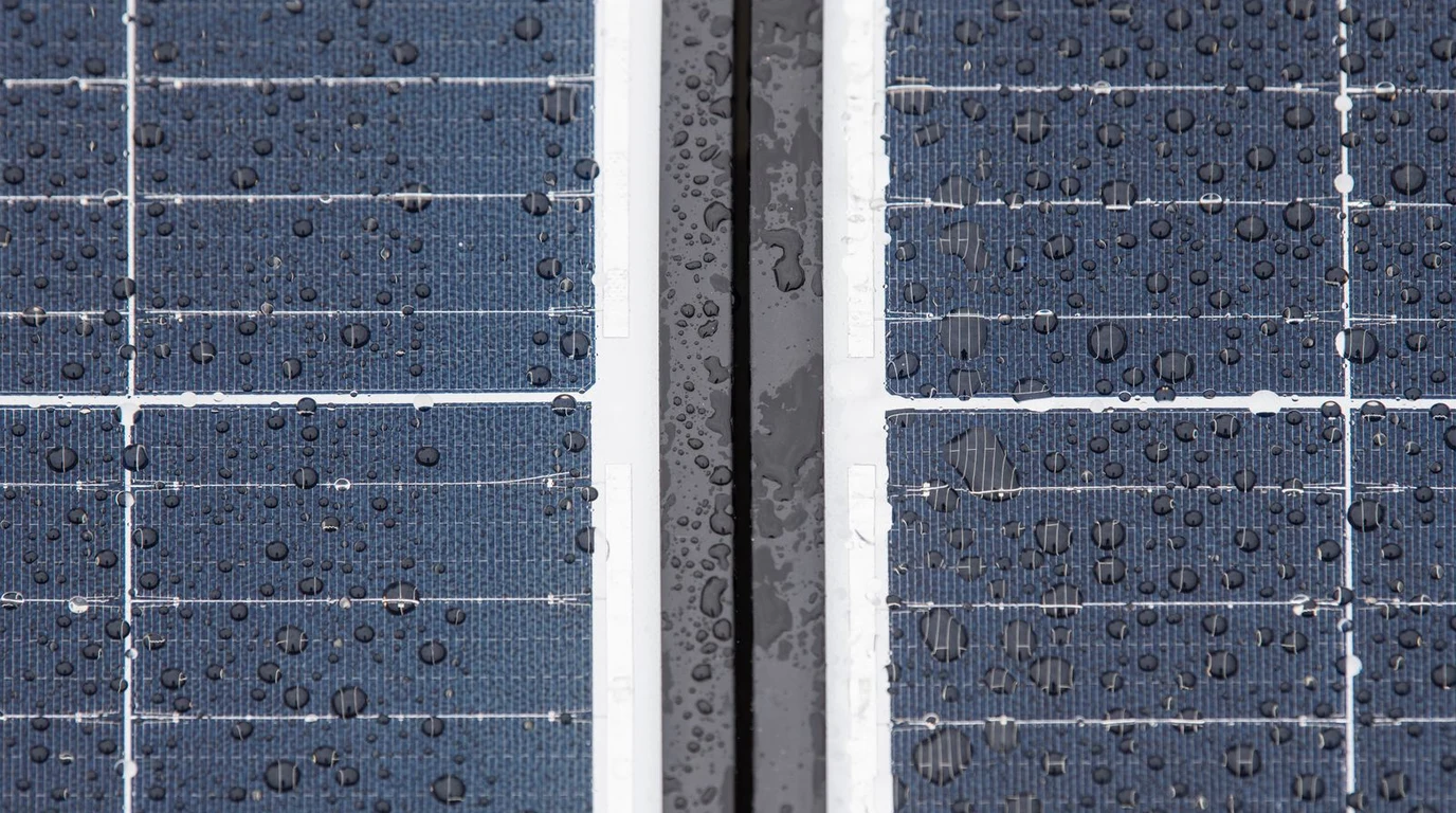 Bifacial Photovoltaic Solar Panel Array Generating Power in Snowy Winter Field with High Ground Albedo