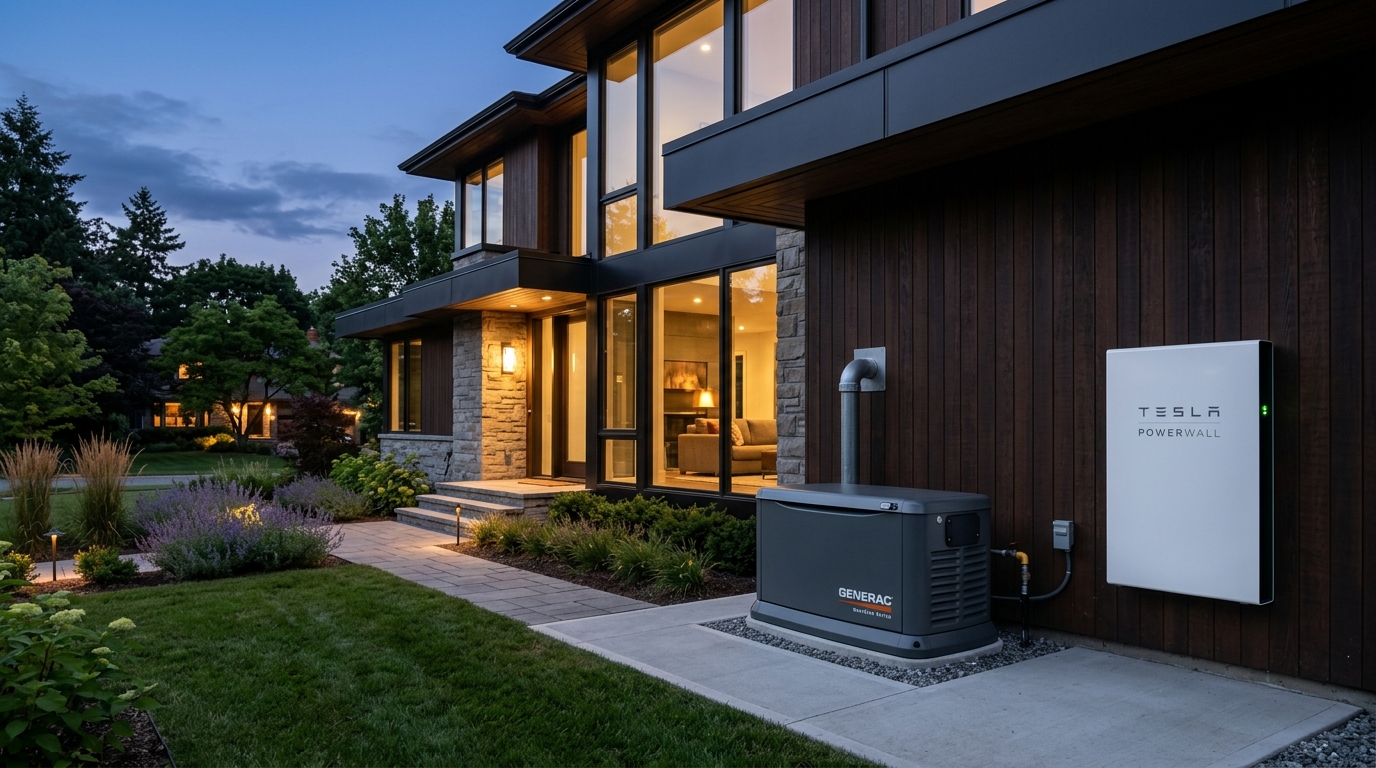 Standby Natural Gas Generator next to Wall-Mounted Home Battery Storage