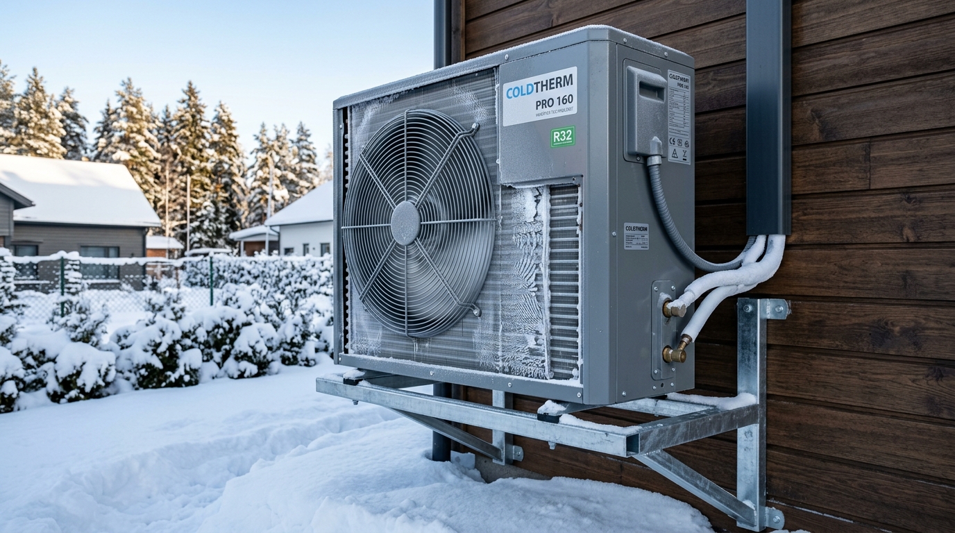 Cold Climate Heat Pump Outdoor Unit Operating in Winter Snow