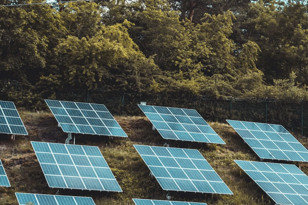 Rooftop monocrystalline solar panel array operating under clear sunny sky with power inverter monitoring